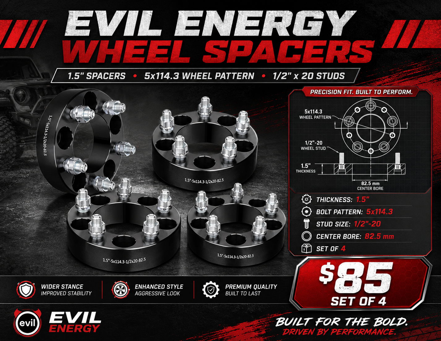 EVIL ENERGY 1.5” Wheel Spacers | 5x114.3 / 5x4.5 | 1/2”-20 Studs | 82.5mm Bore | Set of 4