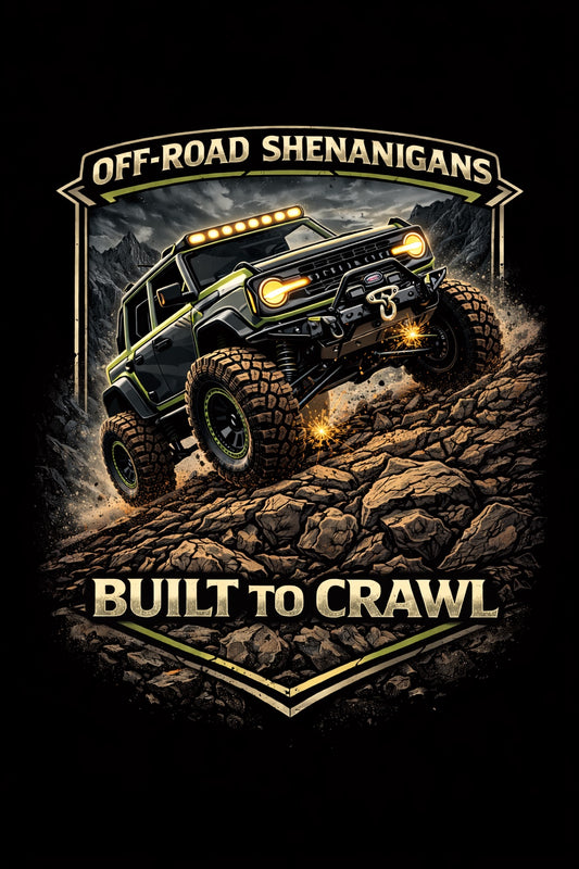 Off-road vehicle on a rocky terrain with 'Off-Road Shenanigans' and 'Built to Crawl' text on a dark background.