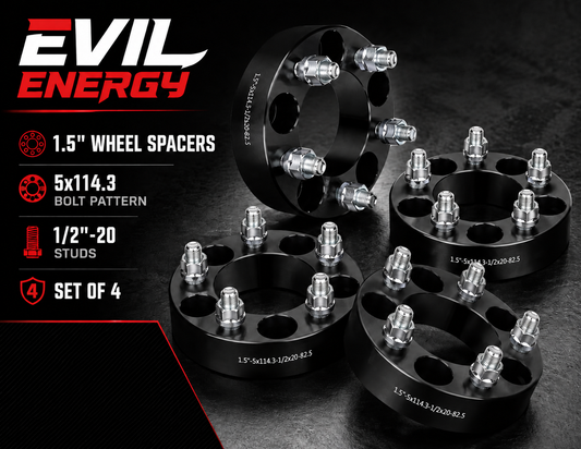 EVIL ENERGY 1.5” Wheel Spacers | 5x114.3 / 5x4.5 | 1/2”-20 Studs | 82.5mm Bore | Set of 4