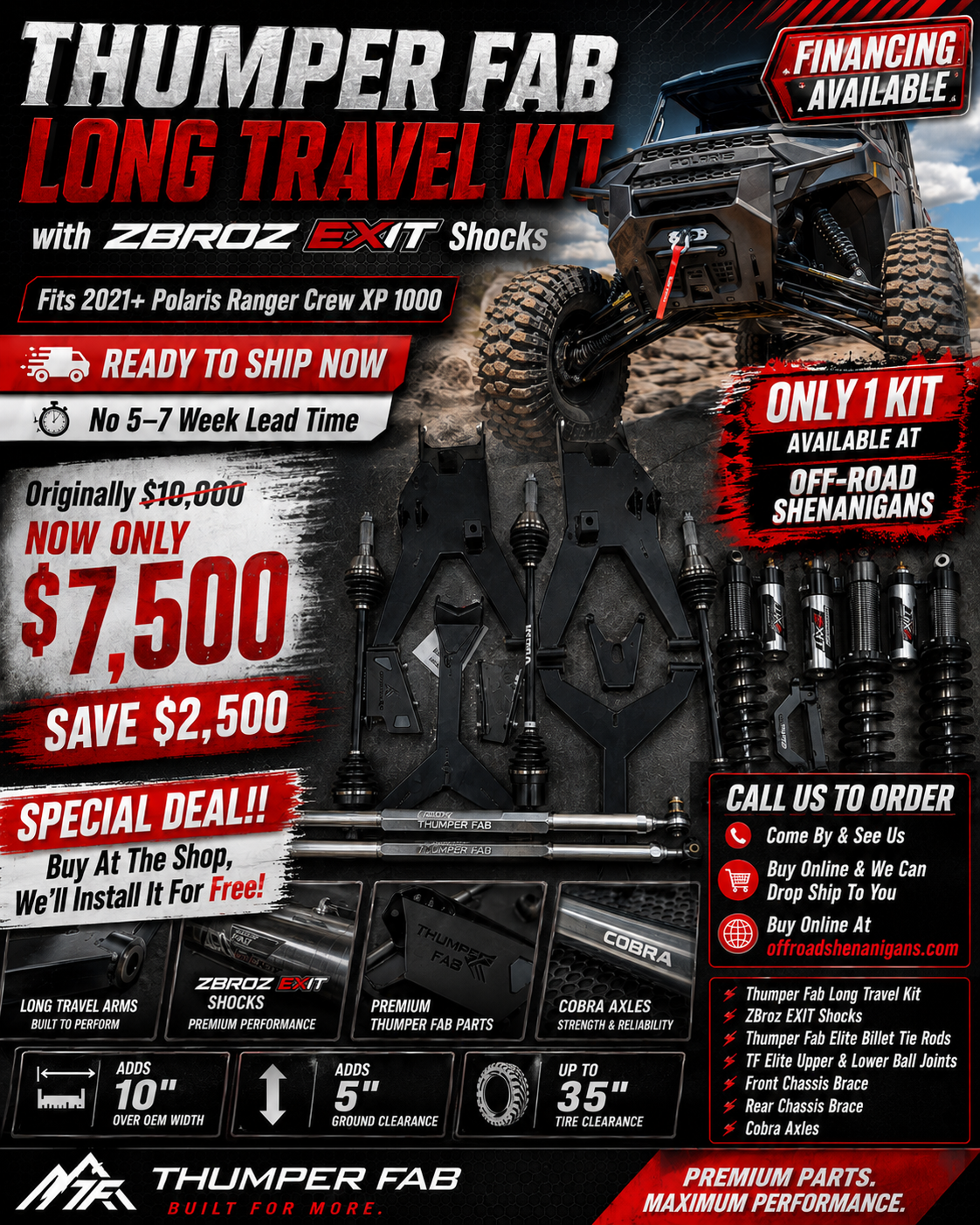 Thumper Fab Long Travel Kit w/ ZBroz EXIT Shocks, Cobra Axles & Elite Tie Rods | 2021+ Polaris Ranger Crew XP 1000