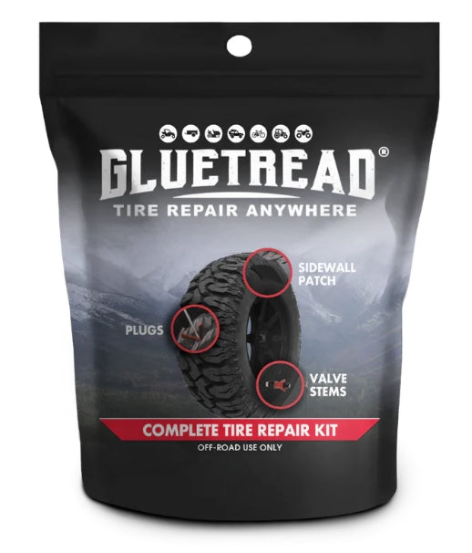 GlueTread Complete Tire Repair Kit | Sidewall, Tread & Valve Stem Off-Road Repair Kit